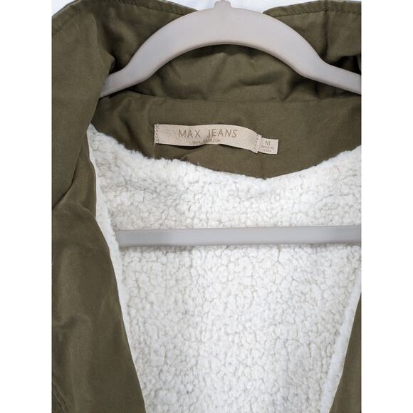 Max Jeans Sherpa Lined Vest M Green Layering Diagonal Zipper Moto Jacket Utility - Picture 3 of 9